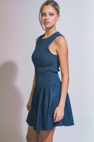 Smocked Bodice Denim Dress in Indigo