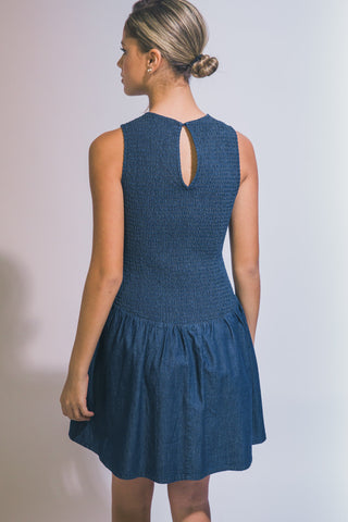 Smocked Bodice Denim Dress in Indigo