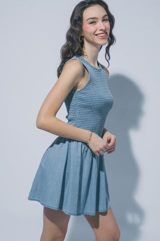 Smocked Bodice Denim Dress in Light Blue