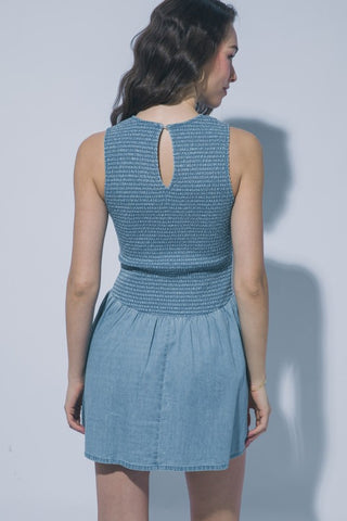 Smocked Bodice Denim Dress in Light Blue