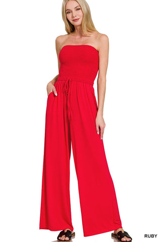 Smock Tube Top Jumpsuit in Ruby