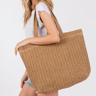 Solid Crochet Straw Bag in Taupe