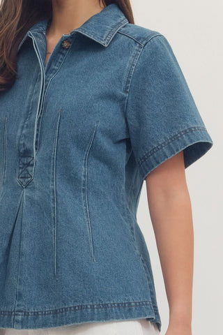 Denim Pintuck Short Sleeve Top