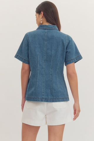 Denim Pintuck Short Sleeve Top