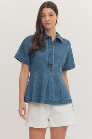 Denim Pintuck Short Sleeve Top