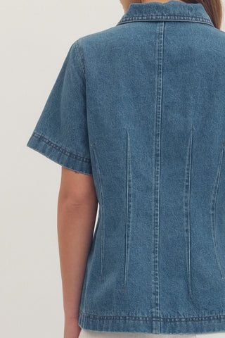 Denim Pintuck Short Sleeve Top