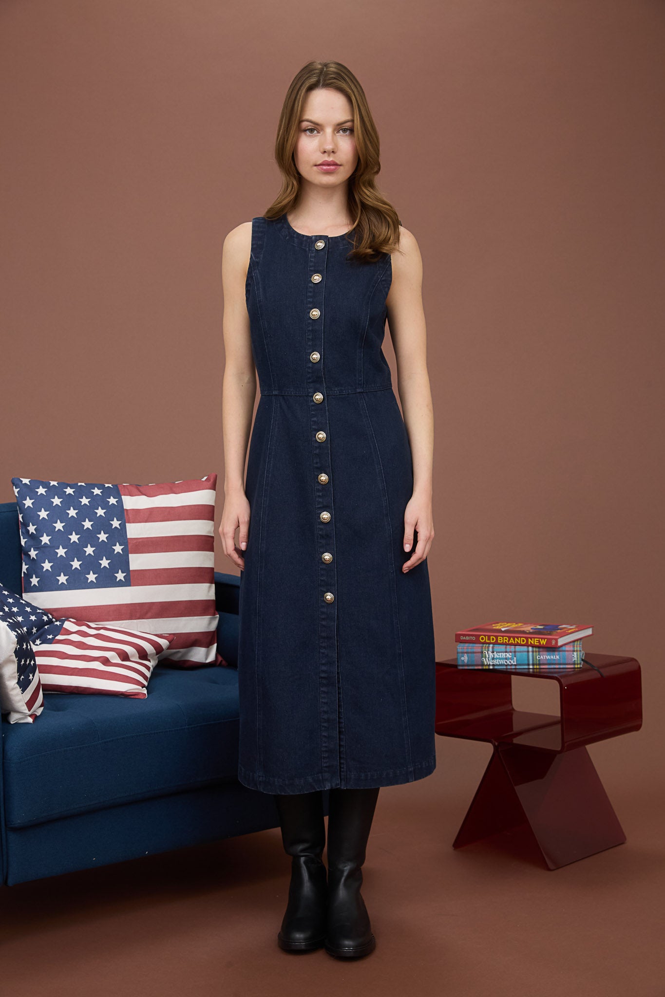 Gold Button Front Denim Dress