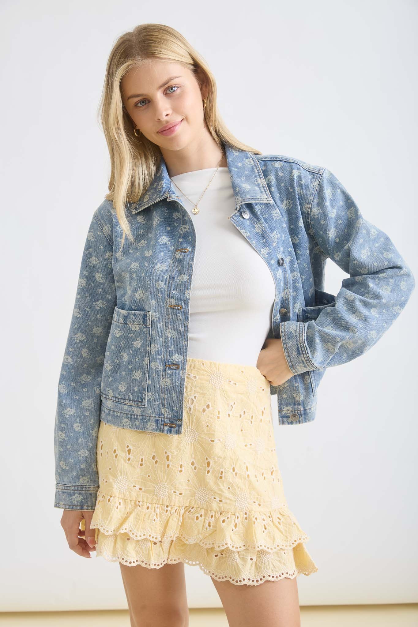 Floral Washed Denim Cropped Jacket
