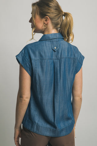 Tencel Sleeveless Collared Shirt in Blue