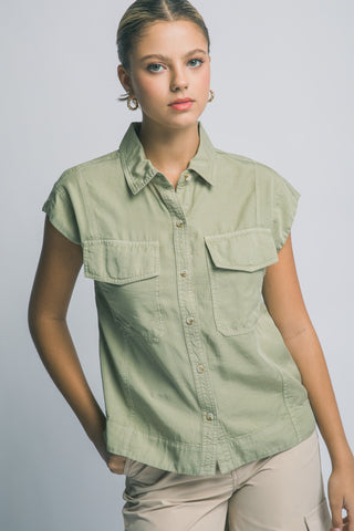 Tencel Sleeveless Collared Shirt in Olive Stone