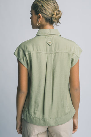 Tencel Sleeveless Collared Shirt in Olive Stone