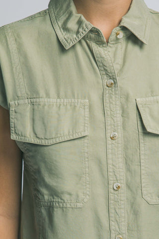 Tencel Sleeveless Collared Shirt in Olive Stone