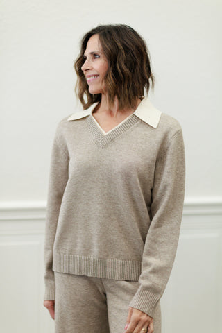 V-Neck Sweater with Ribbed Collar Detail