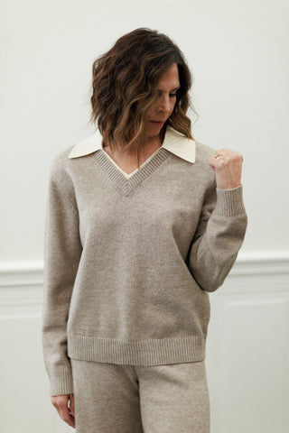 V-Neck Sweater with Ribbed Collar Detail