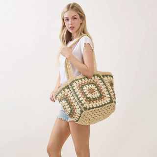 Vintage Granny Square Tote Bag in Beige
