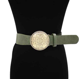 Western Pattern Gold Buckle Belt in Olive Green