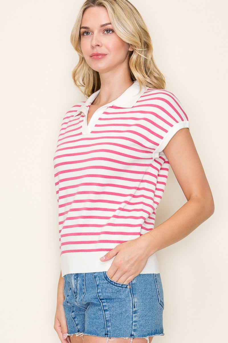 Pink Stripe Johnny Collar Top