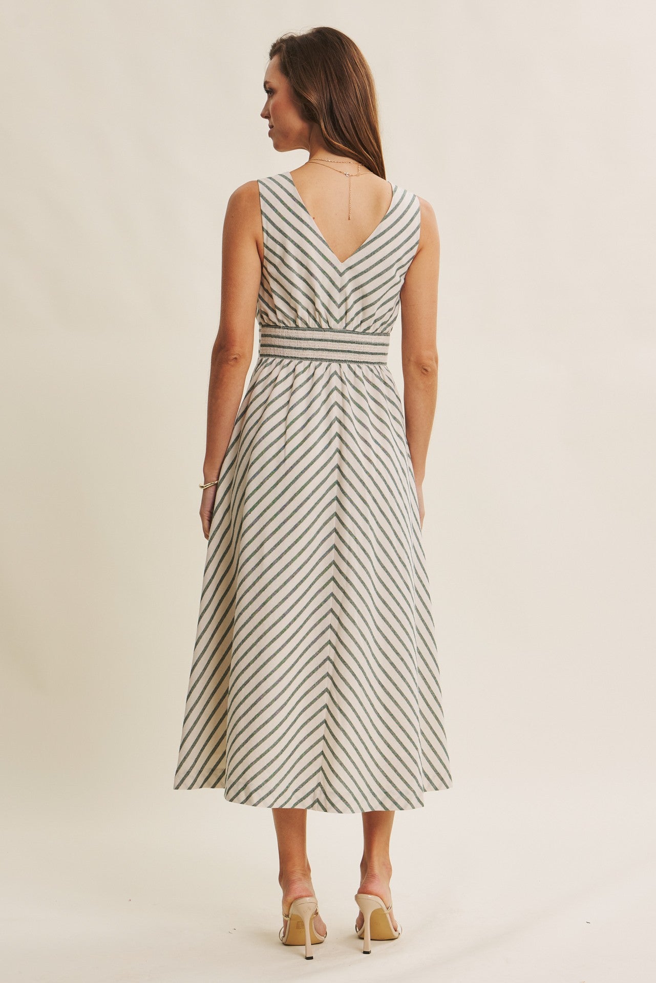 Fit and Flare Stripe Midi Dress in Green