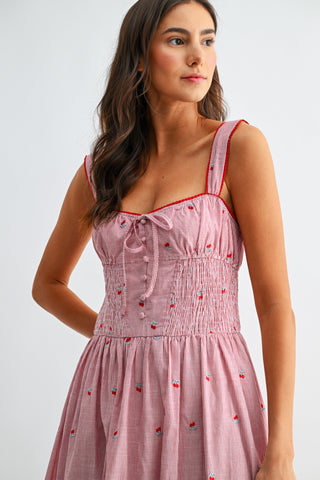 Cherry Embroidered Striped Midi Dress