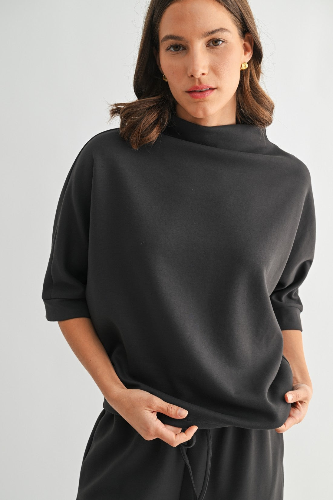Scuba Mock Neck Knit Top in Charcoal