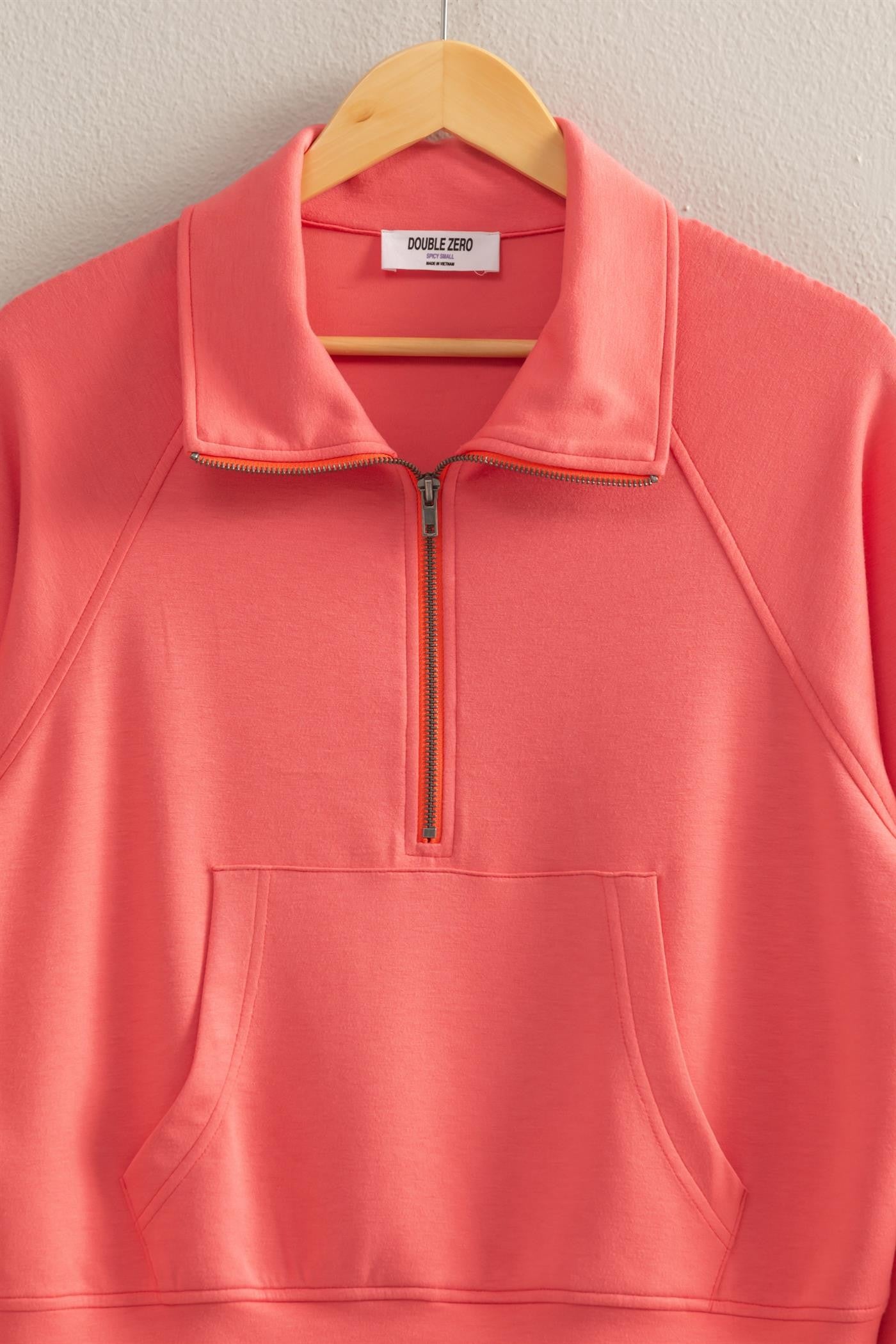 High Collar zip front Sweatshirt in Coral