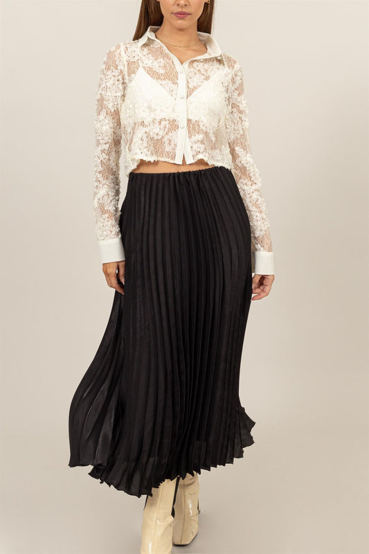 Shiny Pleated Midi Skirt in Black