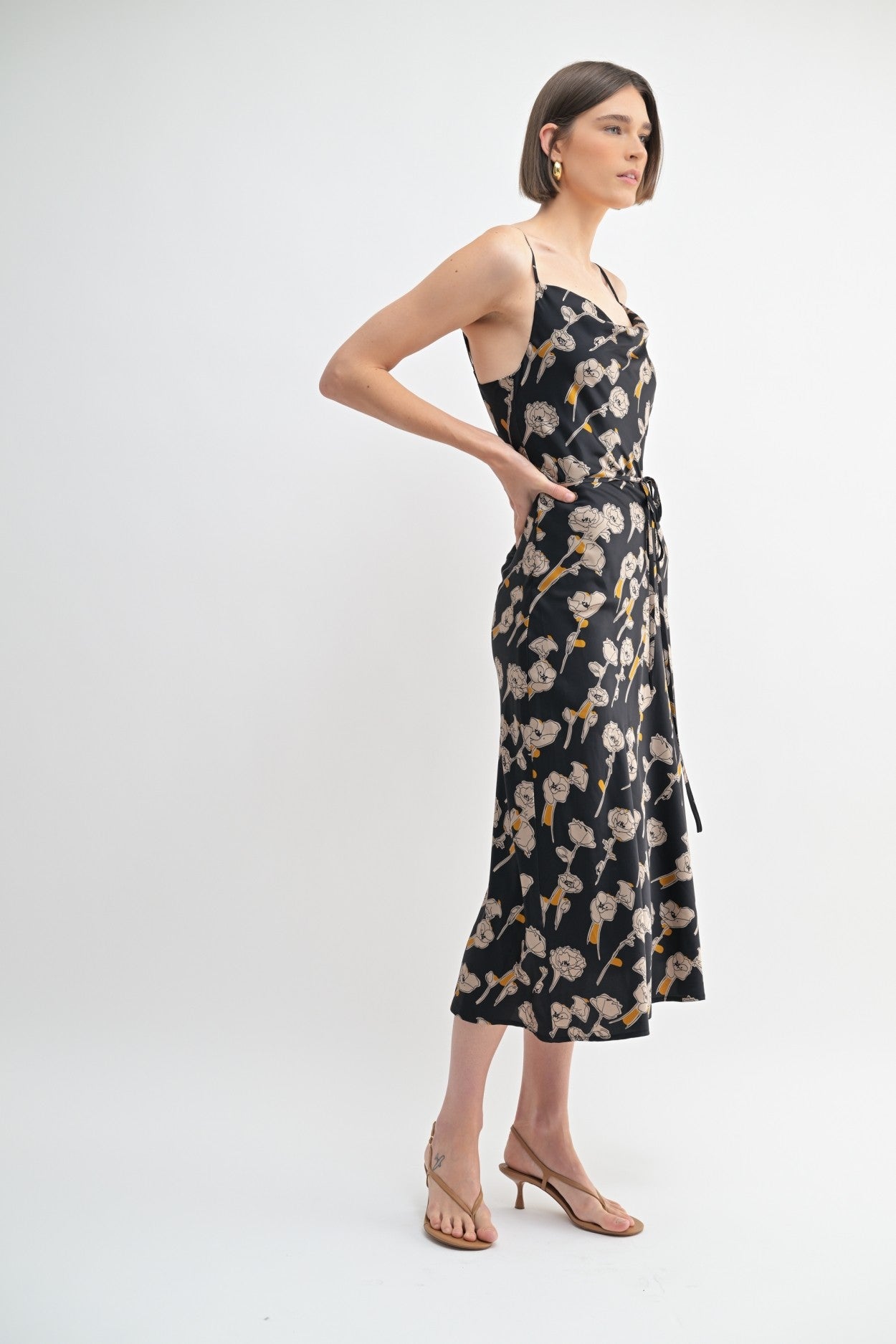 Flower Print Cowl Neck Dress