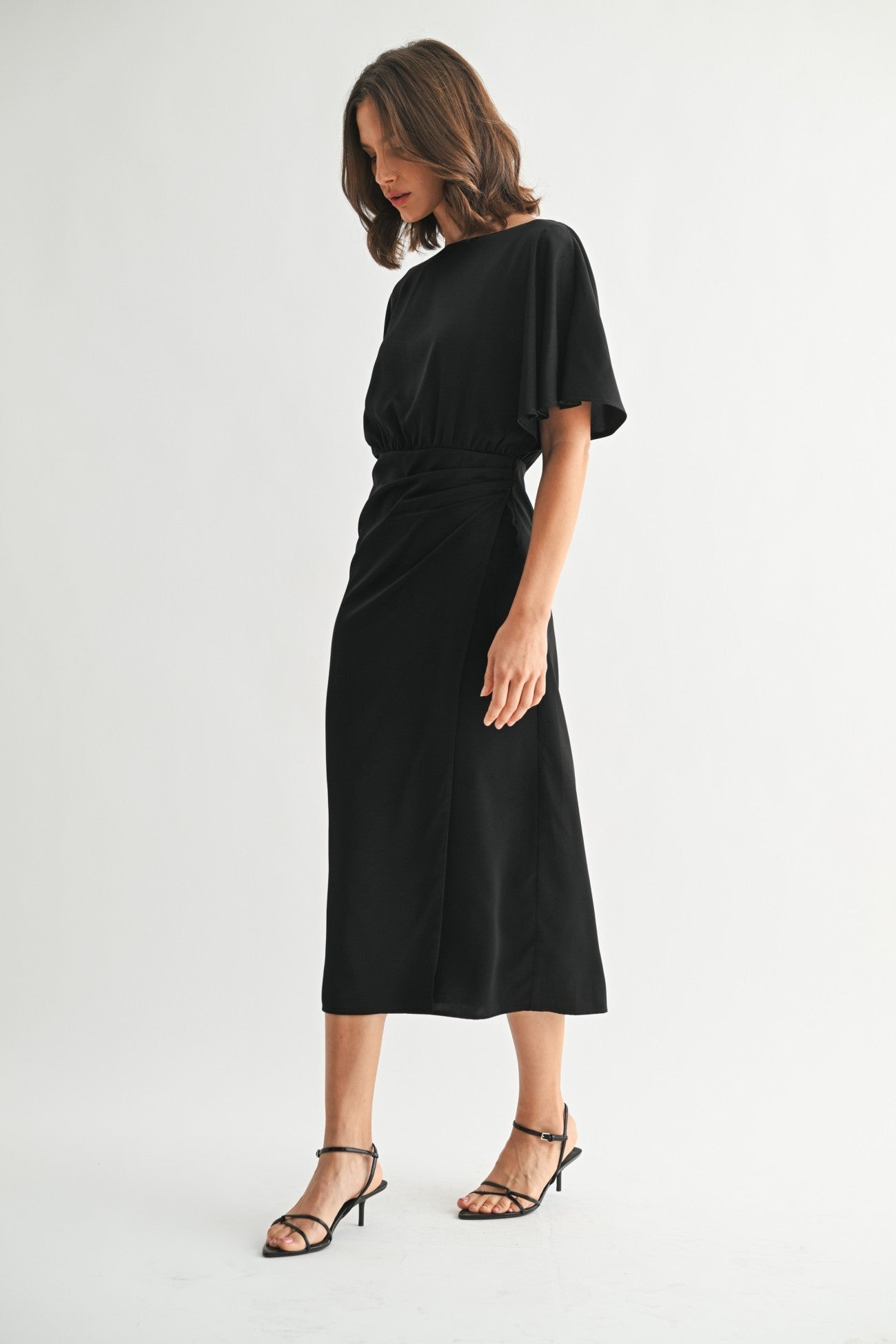 Satin Wrap Midi Dress in Black