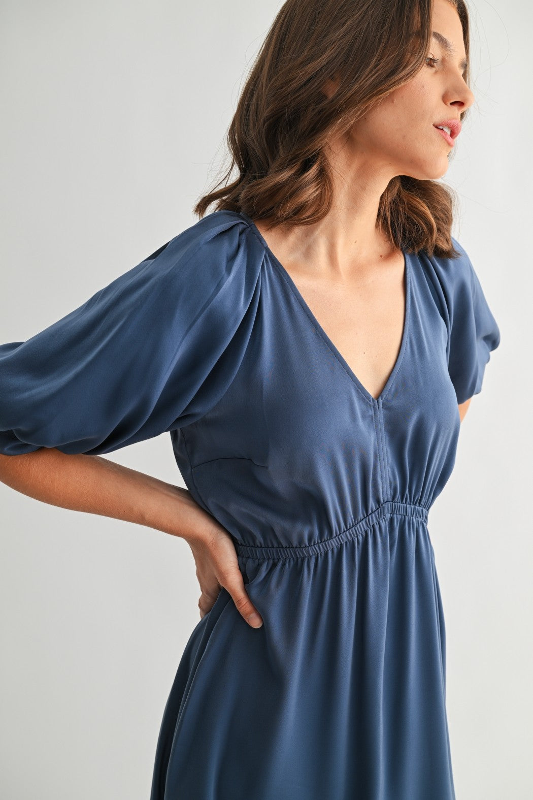 Satin Balloon Dress in Dusty Blue