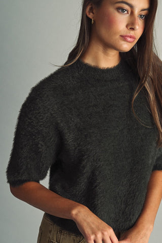 MIOU MUSE Cropped Eyelash Faux-Fur Sweater in Green