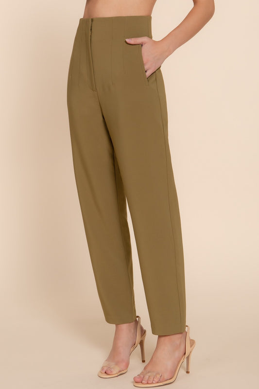 High Waist Pintuck Detail Pants in Olive