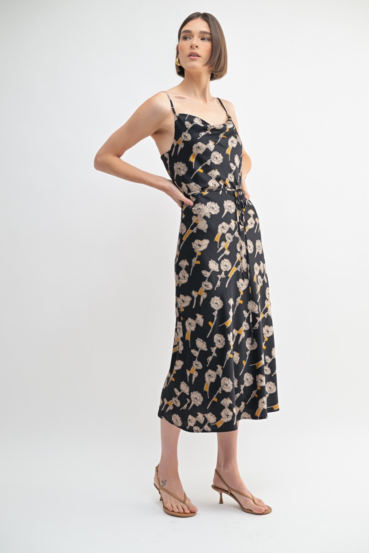 Flower Print Cowl Neck Dress