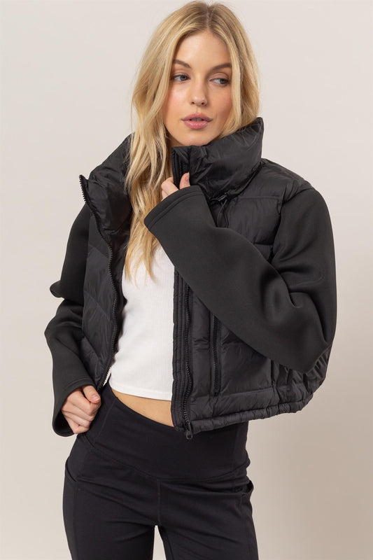 Mixed Media Puffer Jacket in Black