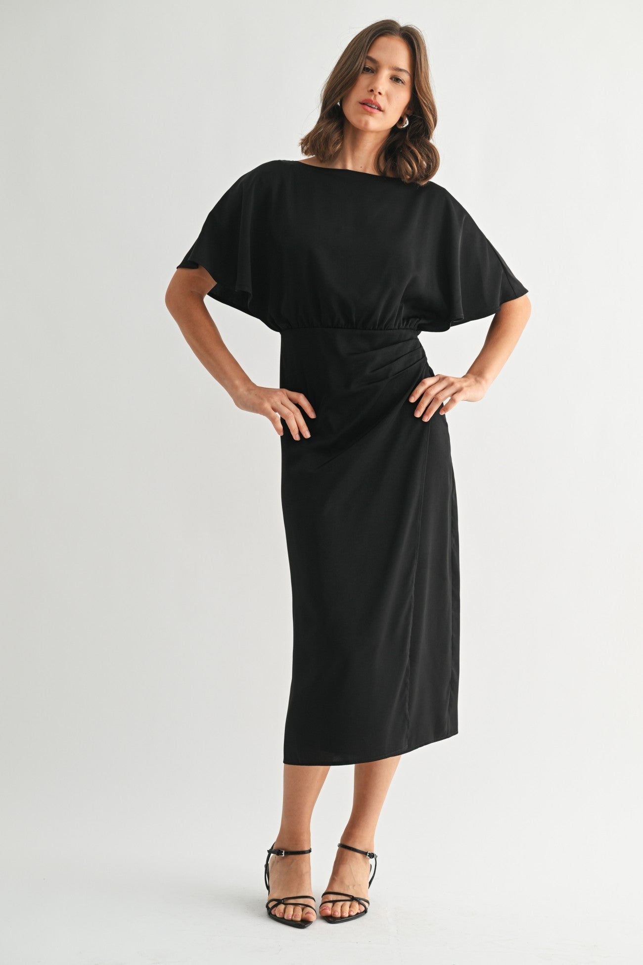 Satin Wrap Midi Dress in Black