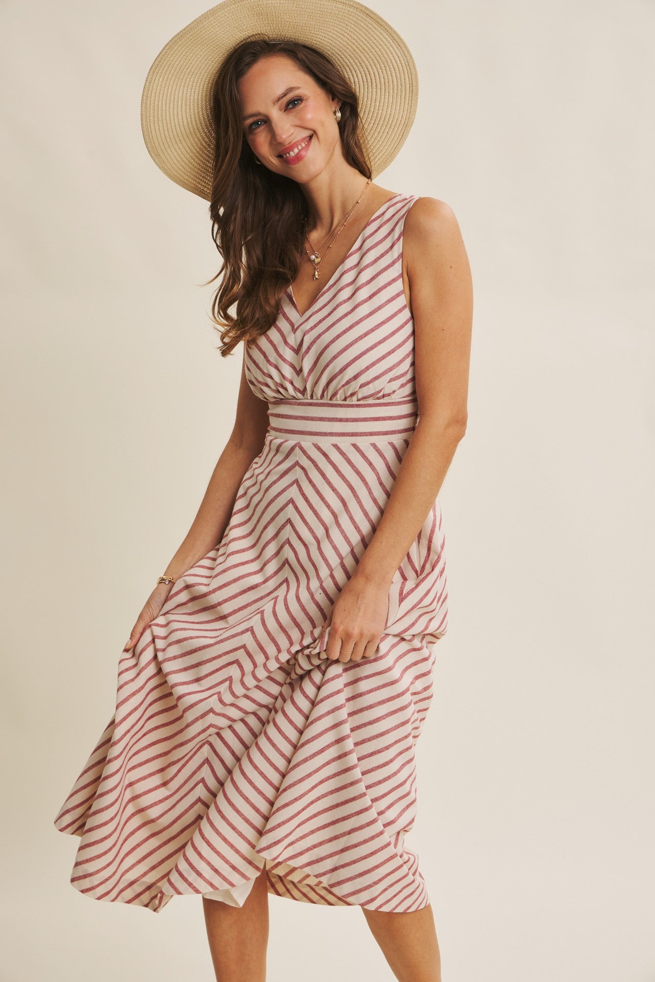 Fit and Flare Stripe Midi Dress in Red