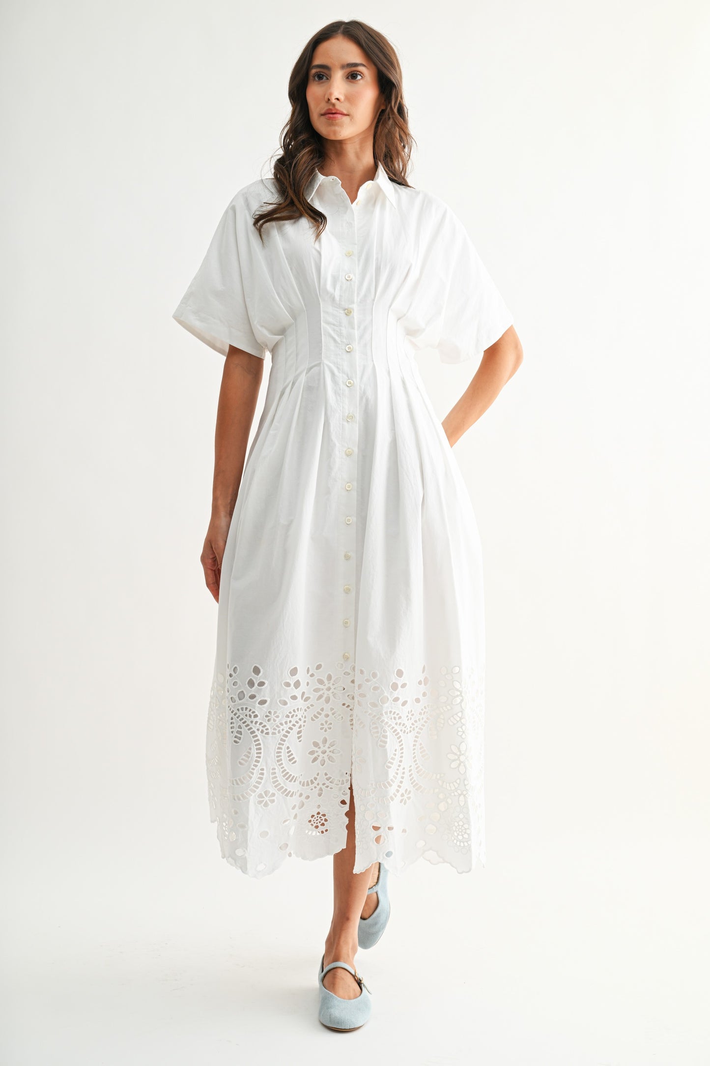Embroidered White Eyelet Midi Dress