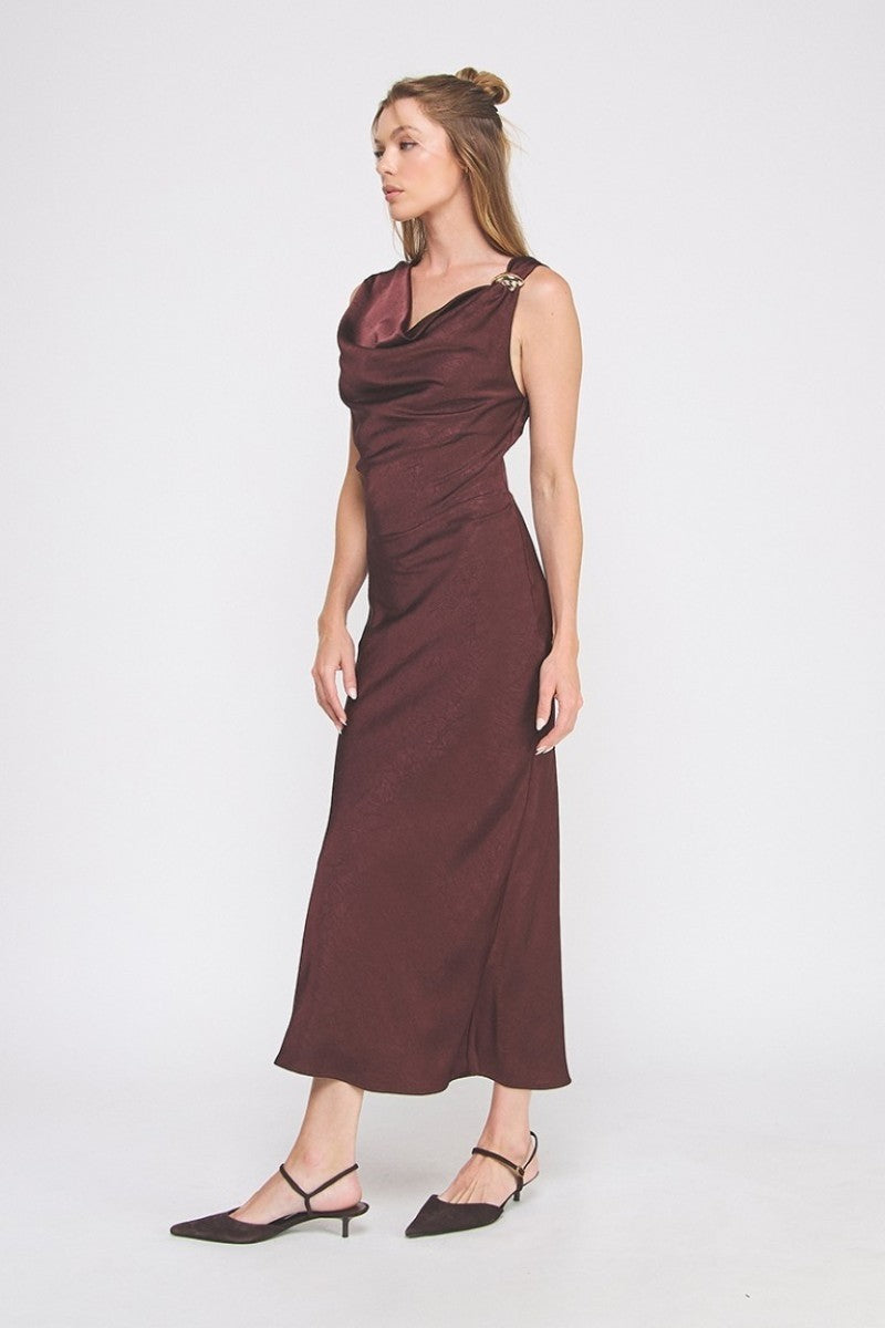 Crinkled Satin Cowl Neck Dress