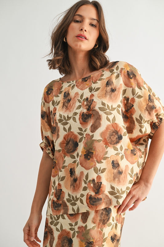Flower Print Satin Dolman Top