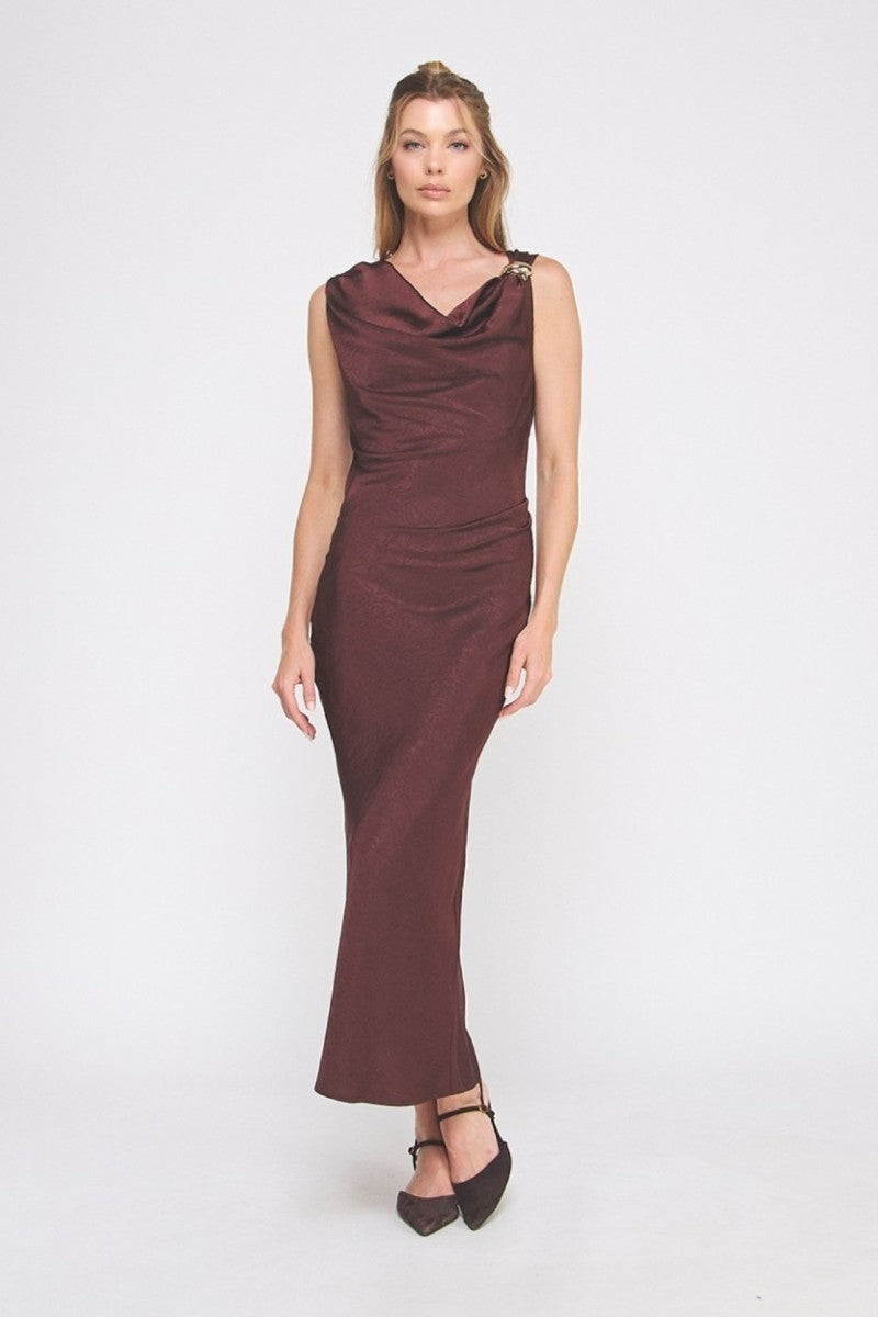 Crinkled Satin Cowl Neck Dress