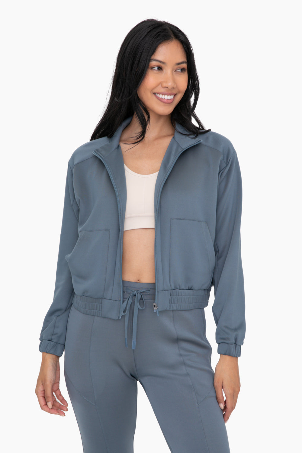 Curvy Mock Neck Zip-Up Jacket in Blue