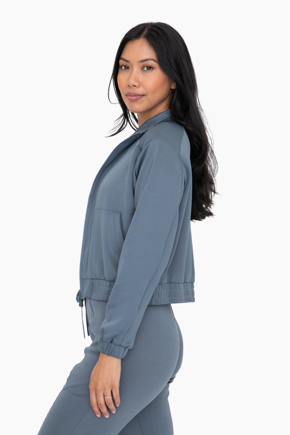 Curvy Mock Neck Zip-Up Jacket in Blue