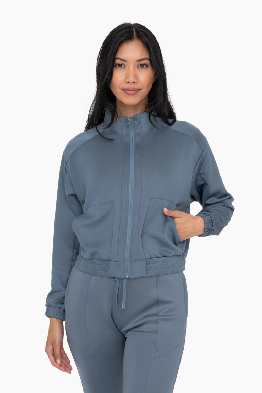 Curvy Mock Neck Zip-Up Jacket in Blue