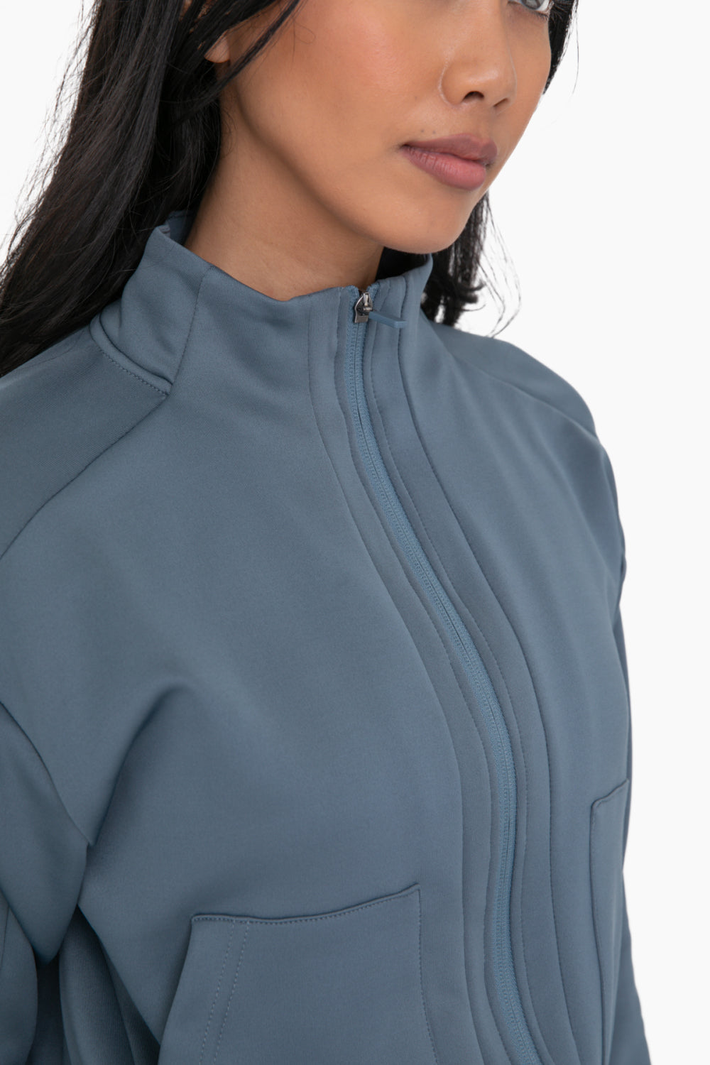 Curvy Mock Neck Zip-Up Jacket in Blue