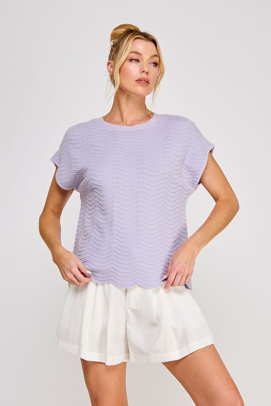 Fine Gauge Scallop Edge Knit Top in Lavender