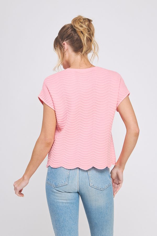 Fine Gauge Scallop Edge Knit Top in Strawberry Pink