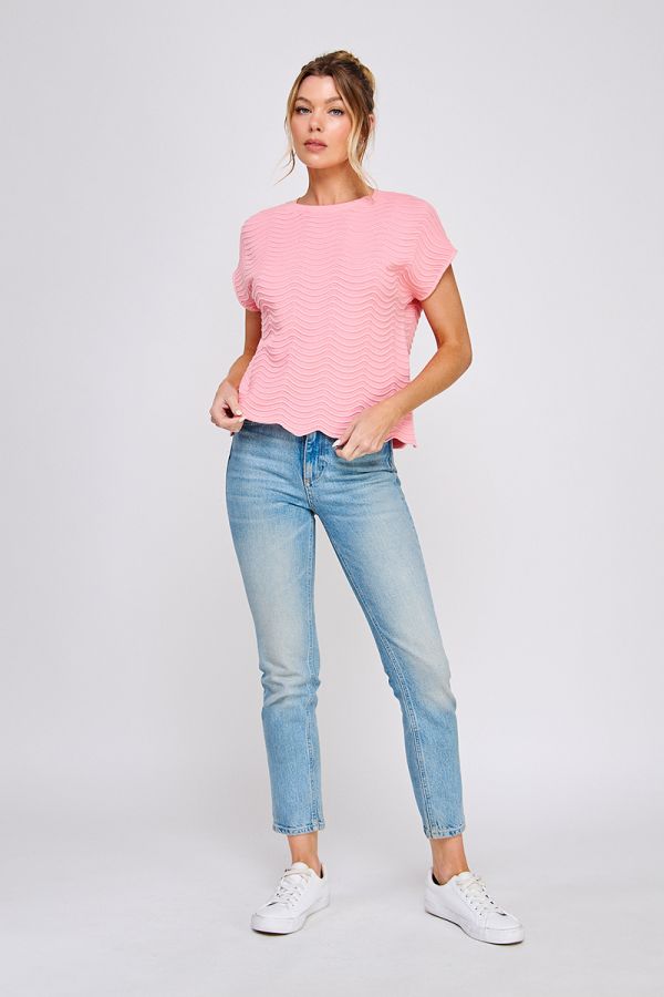 Fine Gauge Scallop Edge Knit Top in Strawberry Pink