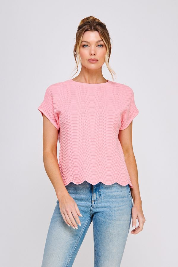 Fine Gauge Scallop Edge Knit Top in Strawberry Pink