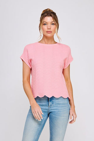 Fine Gauge Scallop Edge Knit Top in Strawberry Pink