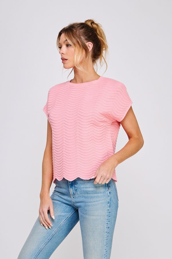 Fine Gauge Scallop Edge Knit Top in Strawberry Pink