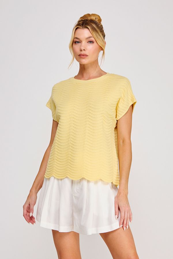Fine Gauge Scallop Edge Knit Top in Yellow